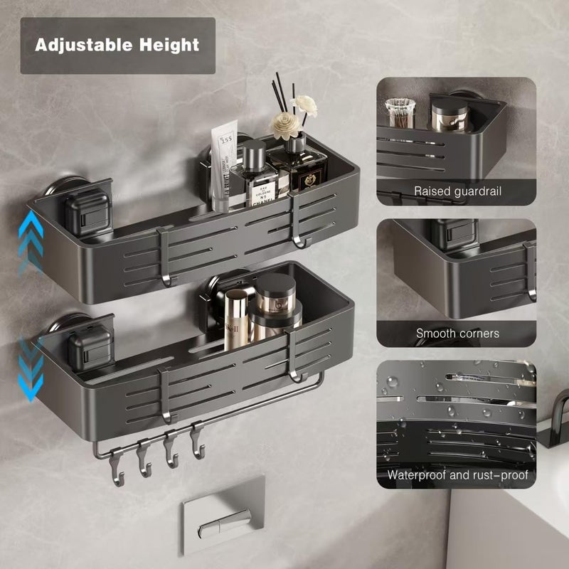 Voldra Shower Caddy Suction Cup, 2 Pack Shower Shelves for Inside Shower No Drilling, Aluminum Suction Showers Organizer with Towel Bar & Hooks Removable Bathroom Shelf Storage Rack(Gray) - Image 2